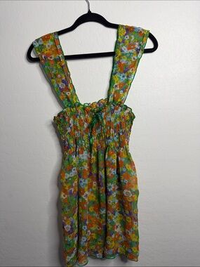 Floral Smocked Sheer Dress in Green and Orange